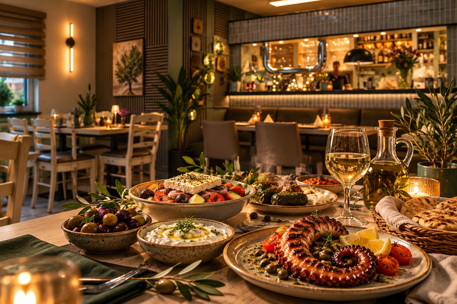 Mediterrane griechische Spezialitäten auf einem gedeckten Tisch in der Taverne Olive